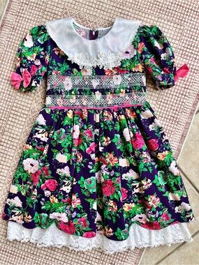 Girls Vintage 90s Peachy Kids Floral Formal Dress Collared Lace Party Size 8 Med